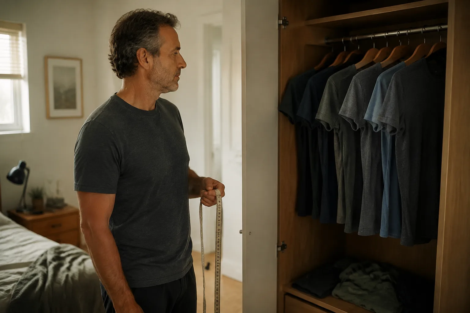 A man in his forties considering clothes in an open wardrobe while holding a measuring tape