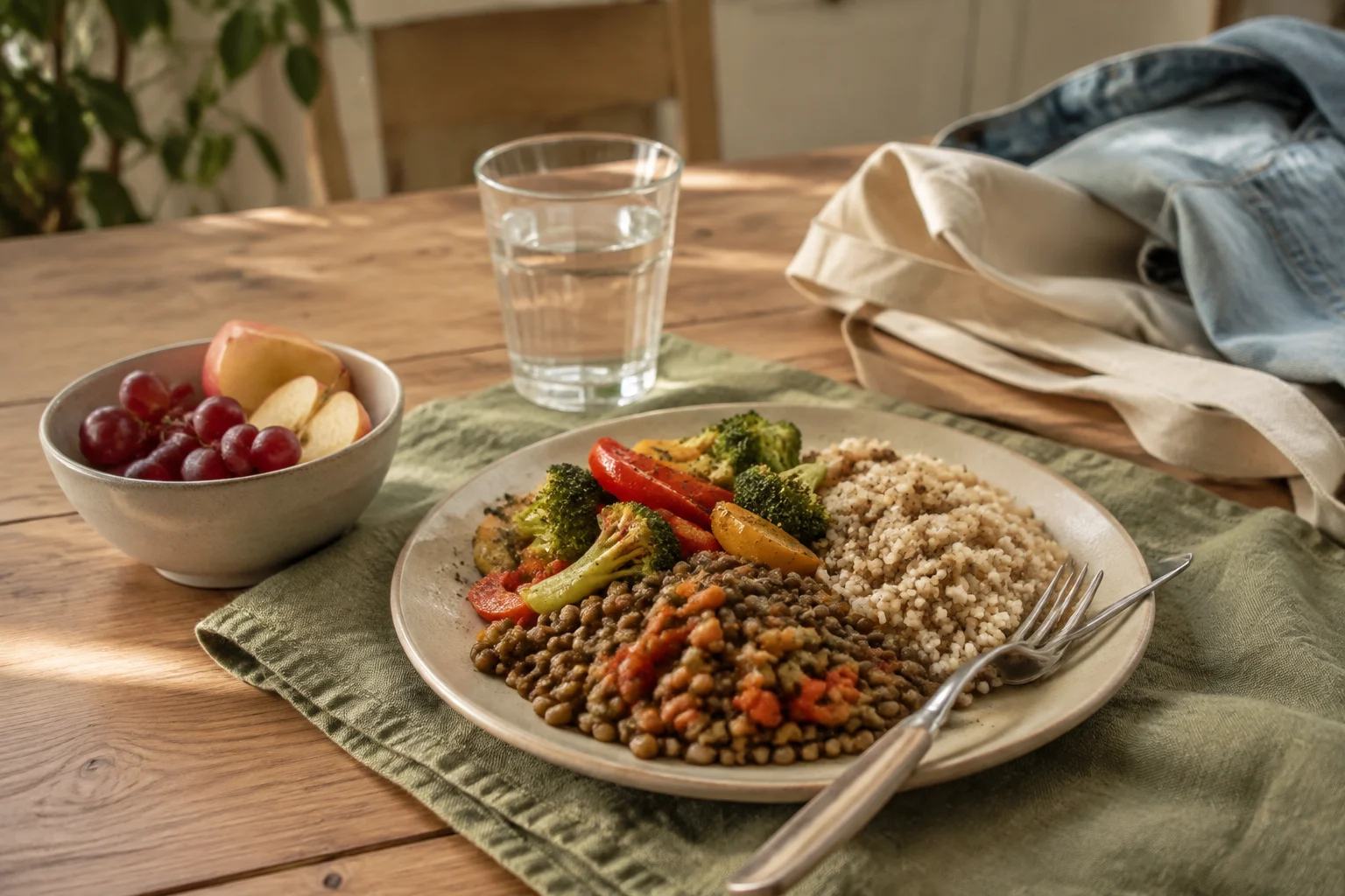 A simple everyday lunch with beans, vegetables, whole grains, fruit, water, and a light jacket ready for a walk