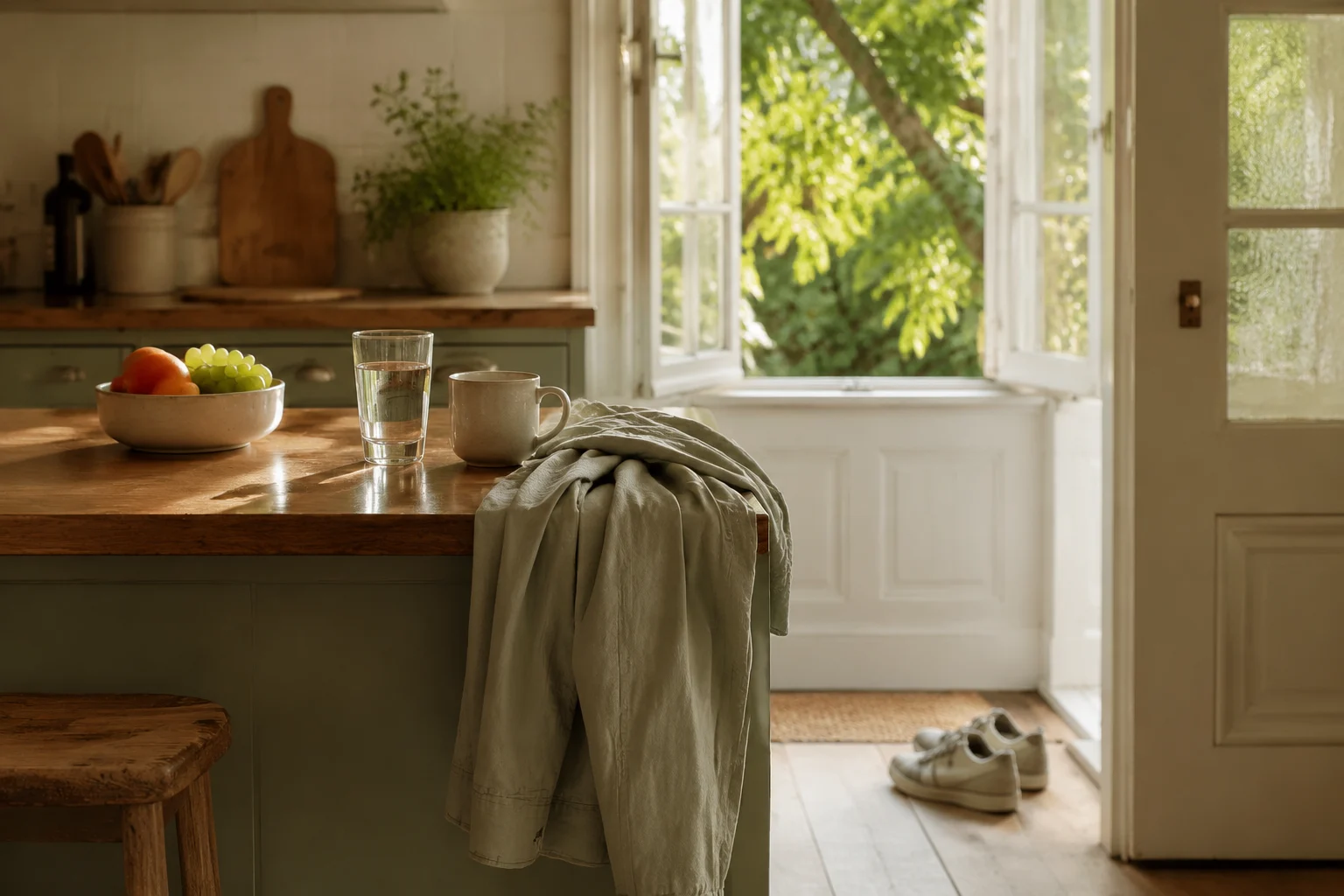 A calm Monday morning kitchen with water, fruit, an open window, and walking shoes