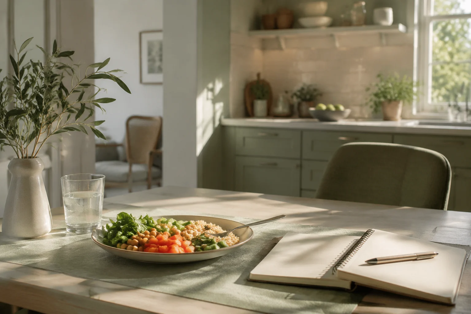 A quiet afternoon desk with a simple lunch, water, and sunlight across a kitchen table