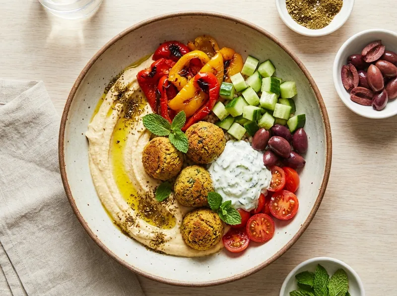A colorful grain bowl with vegetables and legumes