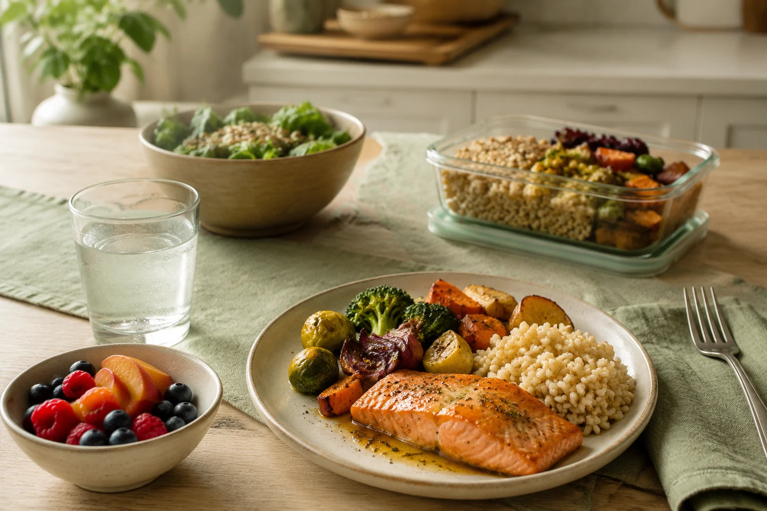 A relaxed everyday meal with salmon, beans, vegetables, whole grains, fruit, and water