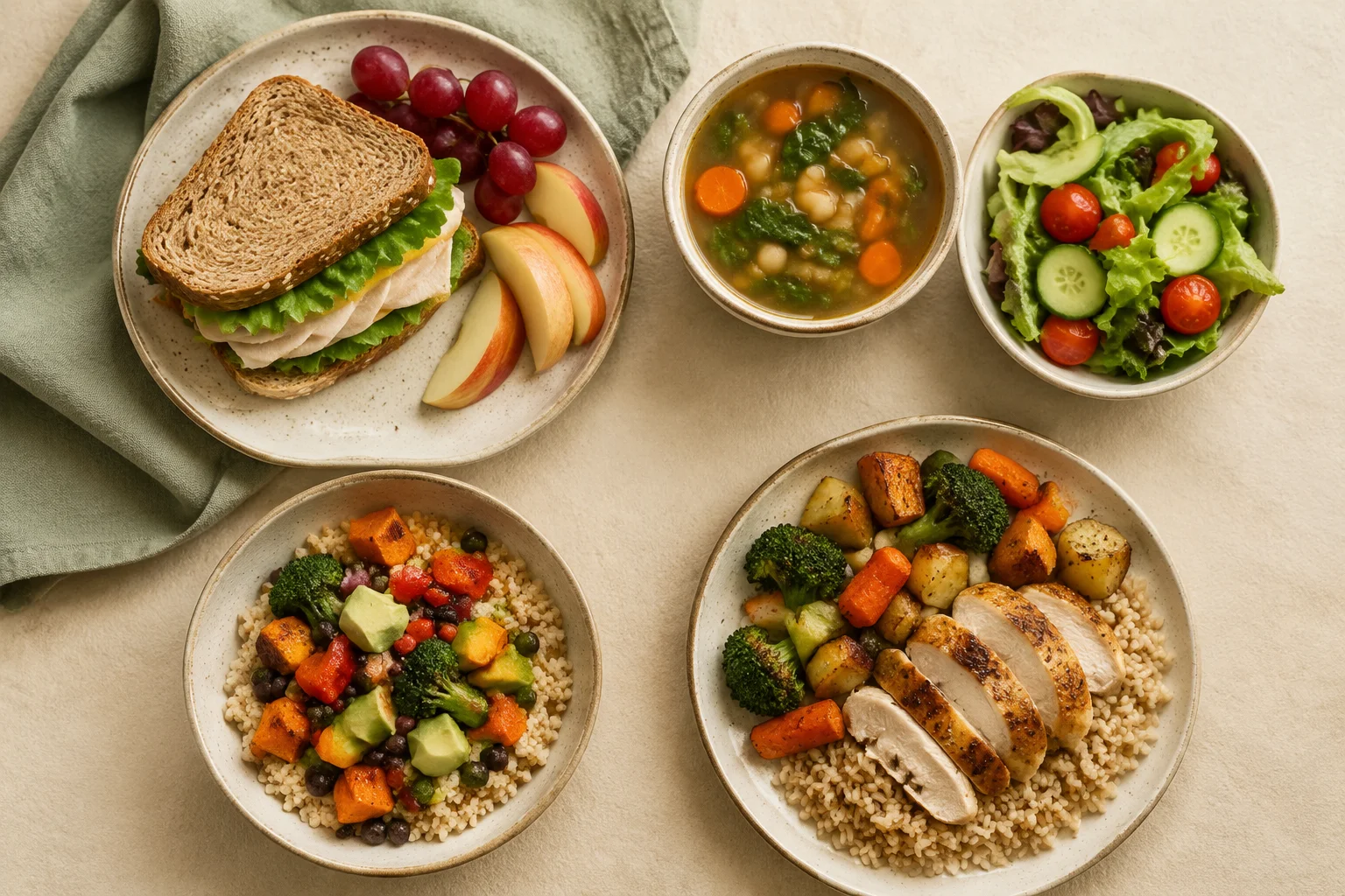 Four practical weekday lunches: sandwich, soup, salad, and grain bowls