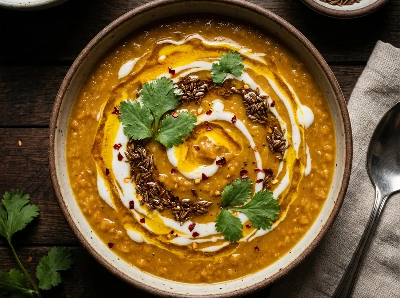 A bowl of lentil soup with herbs and bread