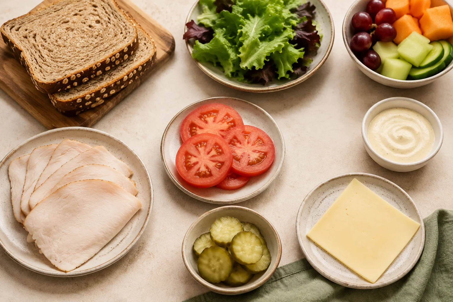 Turkey sandwich ingredients arranged separately: bread, turkey, cheese, lettuce, tomato, pickles, and sauce