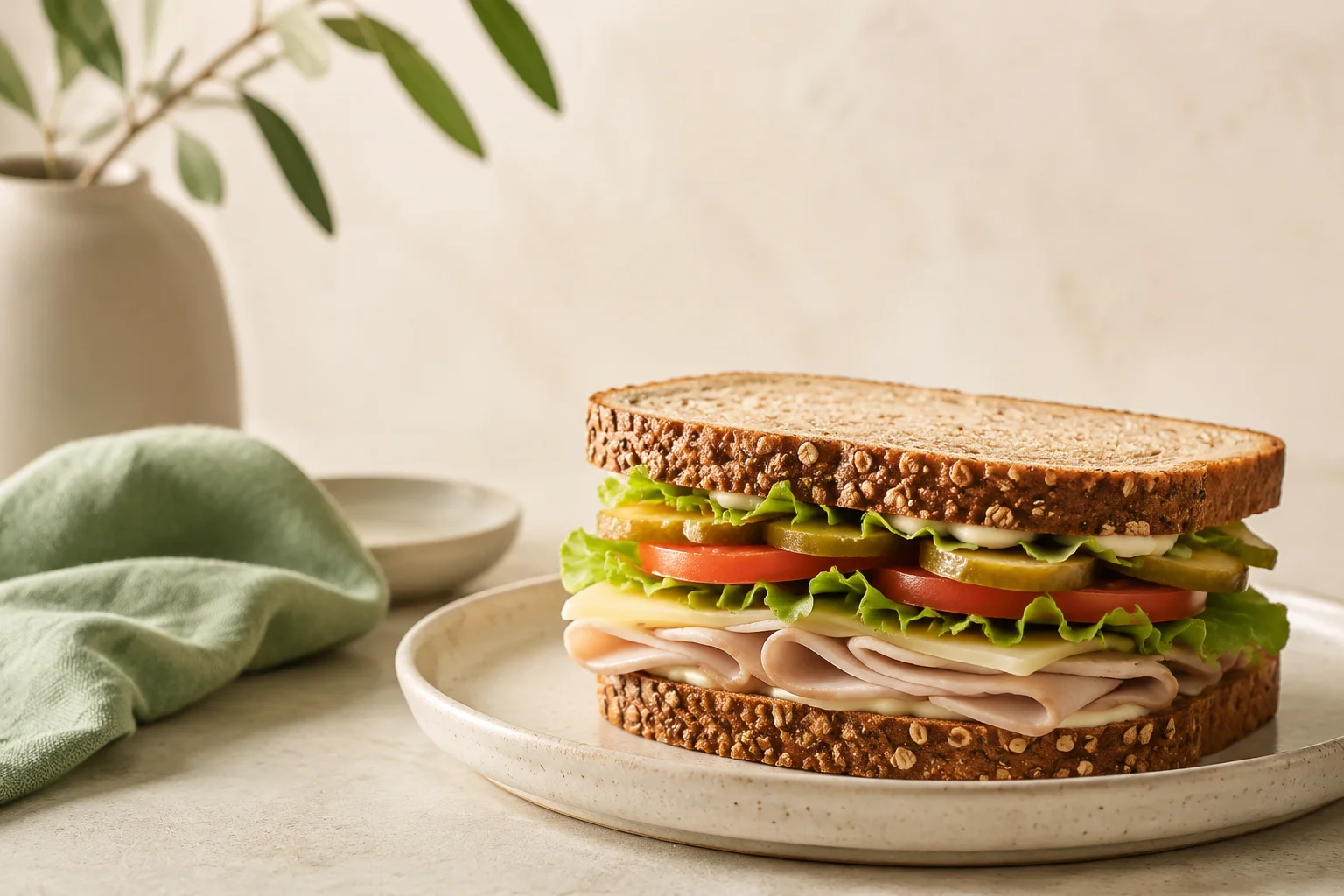 A turkey sandwich with whole-grain bread and vegetables