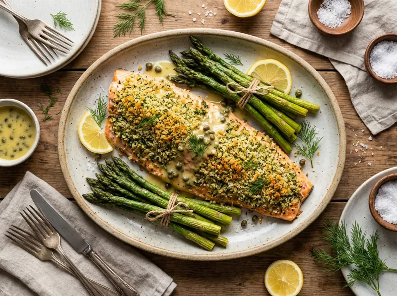 A simple salmon and asparagus meal with lemon